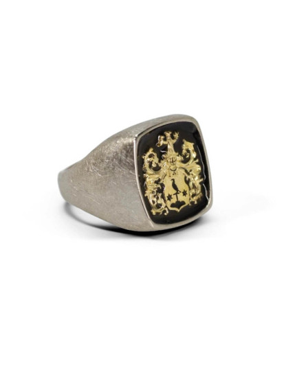 Ring mit Goldwappen von Hand geschnitten aus 14 Karat Palladiumweißgold & 18 Karat Gelbgold